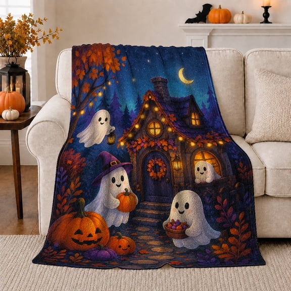 Whimsical Halloween Ghost Cottage Night Scene, Festive Halloween Scene, Warm Flannel Blanket for Living Room and Reading Nook, Art Lovers Halloween Gift, Festive Home Decor