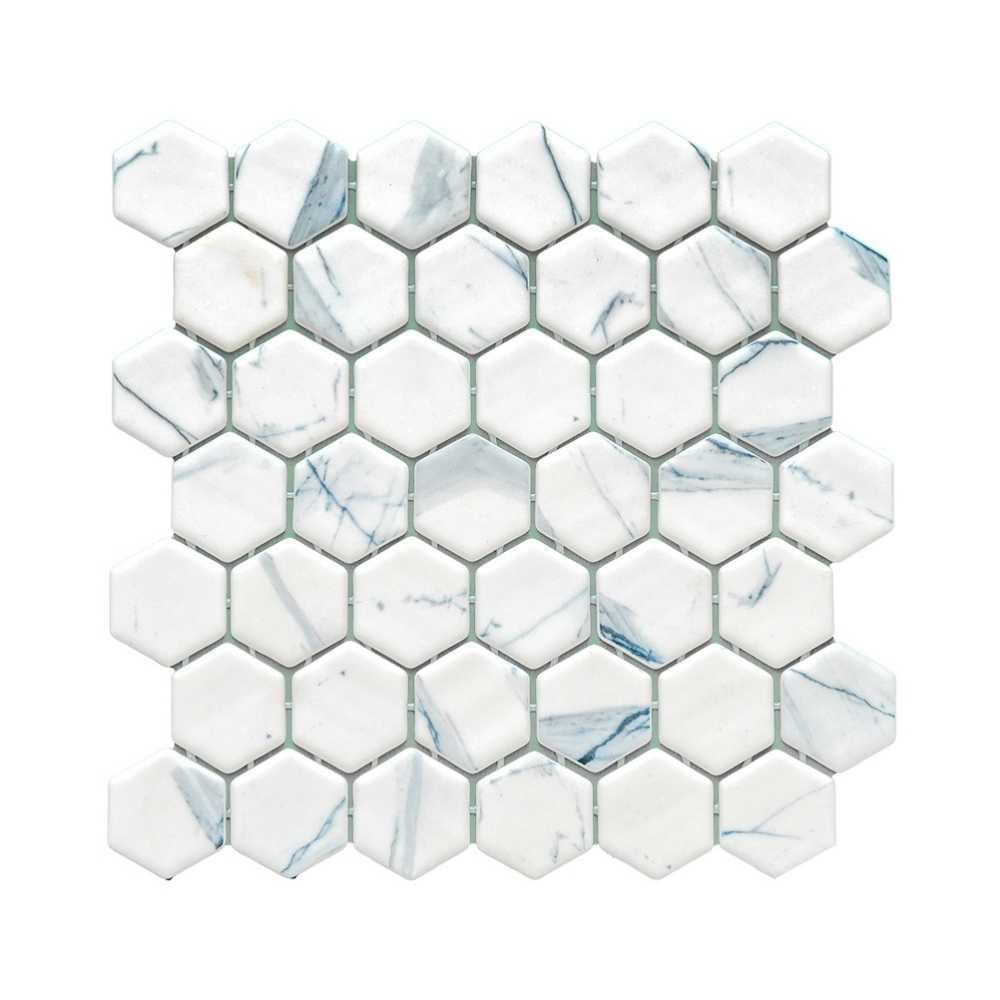 The Tile Life Eterna Hex 4" x 4" Calacatta Blue Glass Mosaic Tile Sample 1 Piece