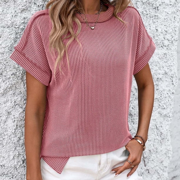 Fiudx Ofertas Flash Del Día Solo En Línea Top de Cuello Redondo de Manga Corta con Diseño de Costura Exterior de Color Sólido a La Moda Informal para Mujer