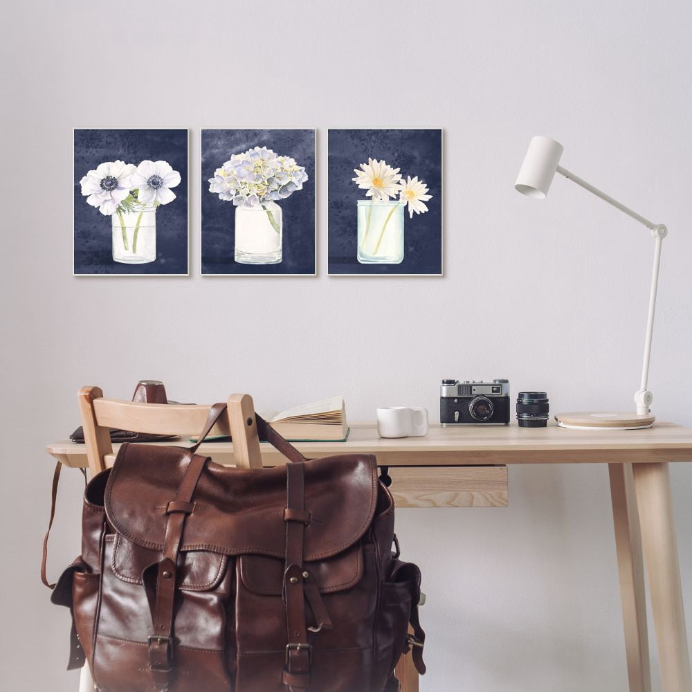 Stupell Industries Farmhouse Flower Bouquets Navy Blue White Painting Print Unframed Art Print Wall Art Set of 3, 10x15, by James Wiens