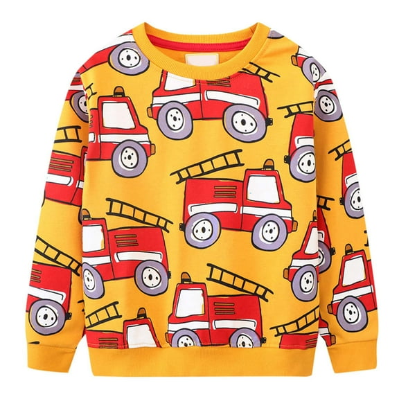 Tiijoy Boys Sweatshirt Fire-Engine Pattern Crew Neck Cotton Pullover, Sizes 12-24M