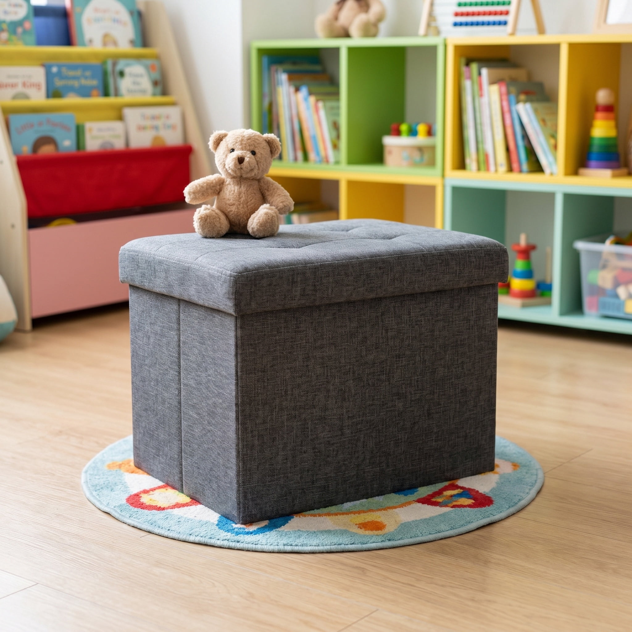 Nordic Hygge Folding Storage Ottoman, Dark Gray