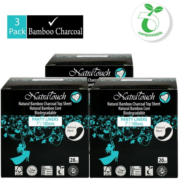 NATRATOUCH ~ COMPOSTABLE ~ Natural Bamboo Charcoal (PANTYLINER- 3 Pack Total 60 Liners)