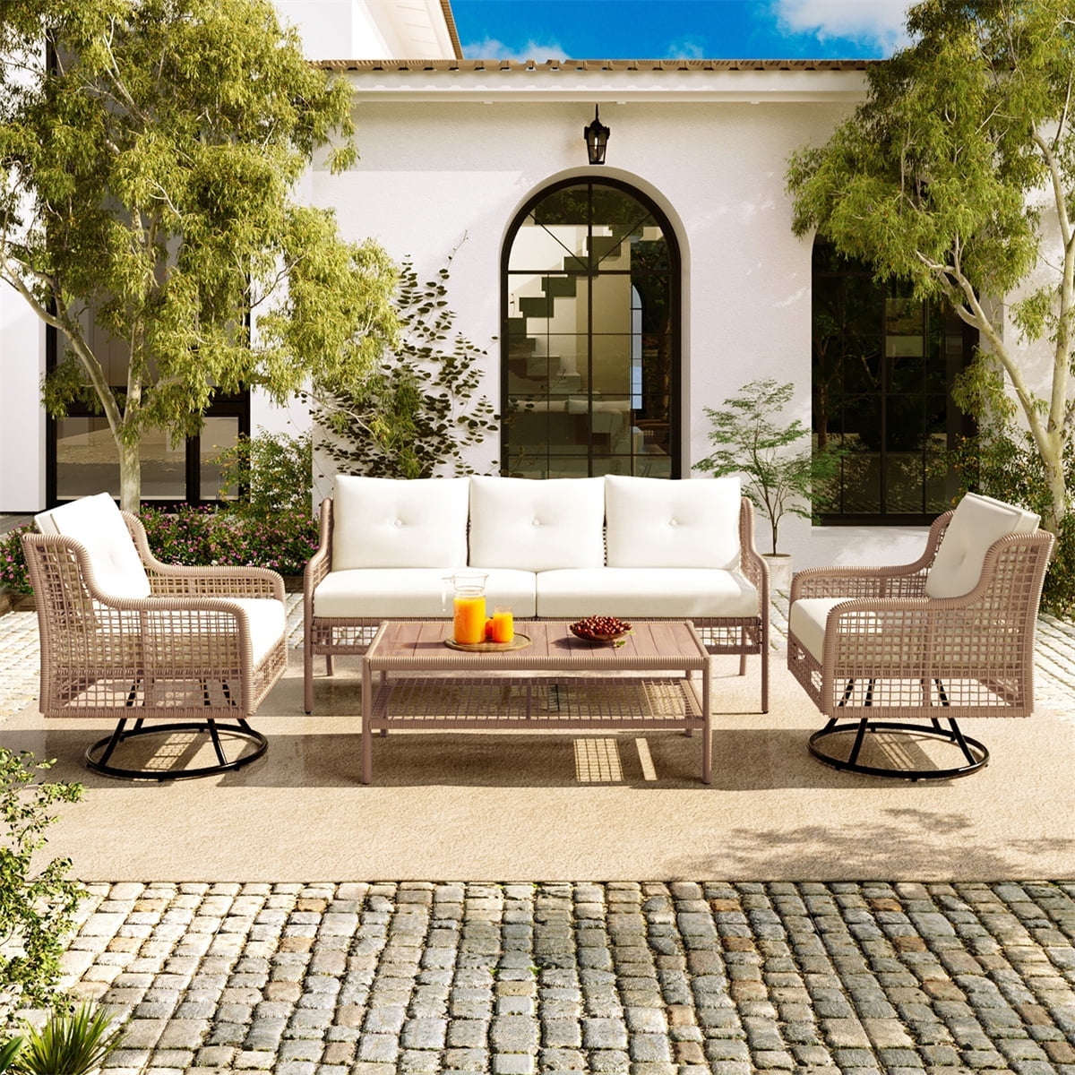 HighSound Patio Furniture Set, 5 Piece Outdoor Conversation Set with Rocking Swivel Chairs, Wicker Rattan Outdoor Sofa Set with Coffee Table for Backyard, Deck, Porch, Beige Cushions
