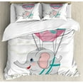 thumbnail image 1 of Nursery Queen Size Duvet Cover Set, Baby Elephant with Hot Air Balloon Fly Animal Funny Image Cartoon Design, Decorative 3 Piece Bedding Set with 2 Pillow Shams, Pink Pale Grey Teal, by Ambesonne, 1 of 3