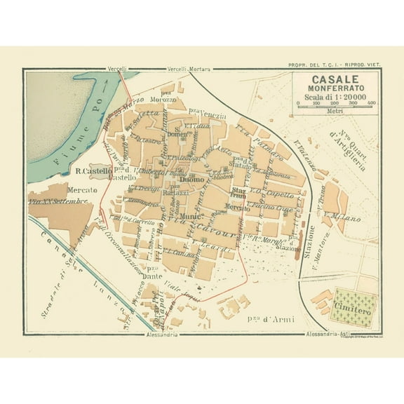 Historic Map - Casale Italy - Bertarelli 1914 - 29.80 x 23 - Vintage Wall Art