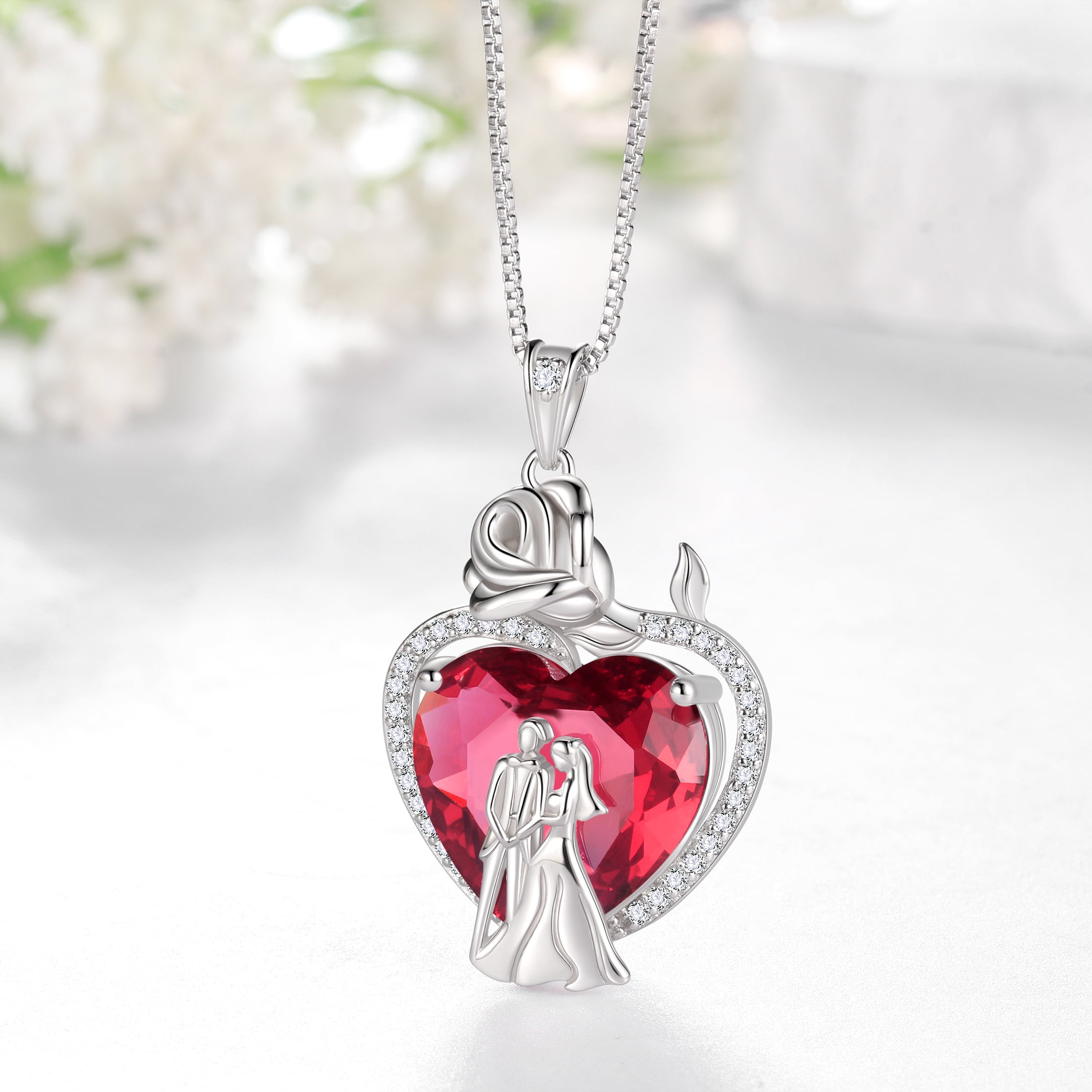 Juwaliy Couple Necklace for Women 925 Sterling Silver 15MM Heart July Birthstone Rose Pendant Wedding Engagement Jewelry Valentines Day Gift for Her Wife/Girlfriend/Bride