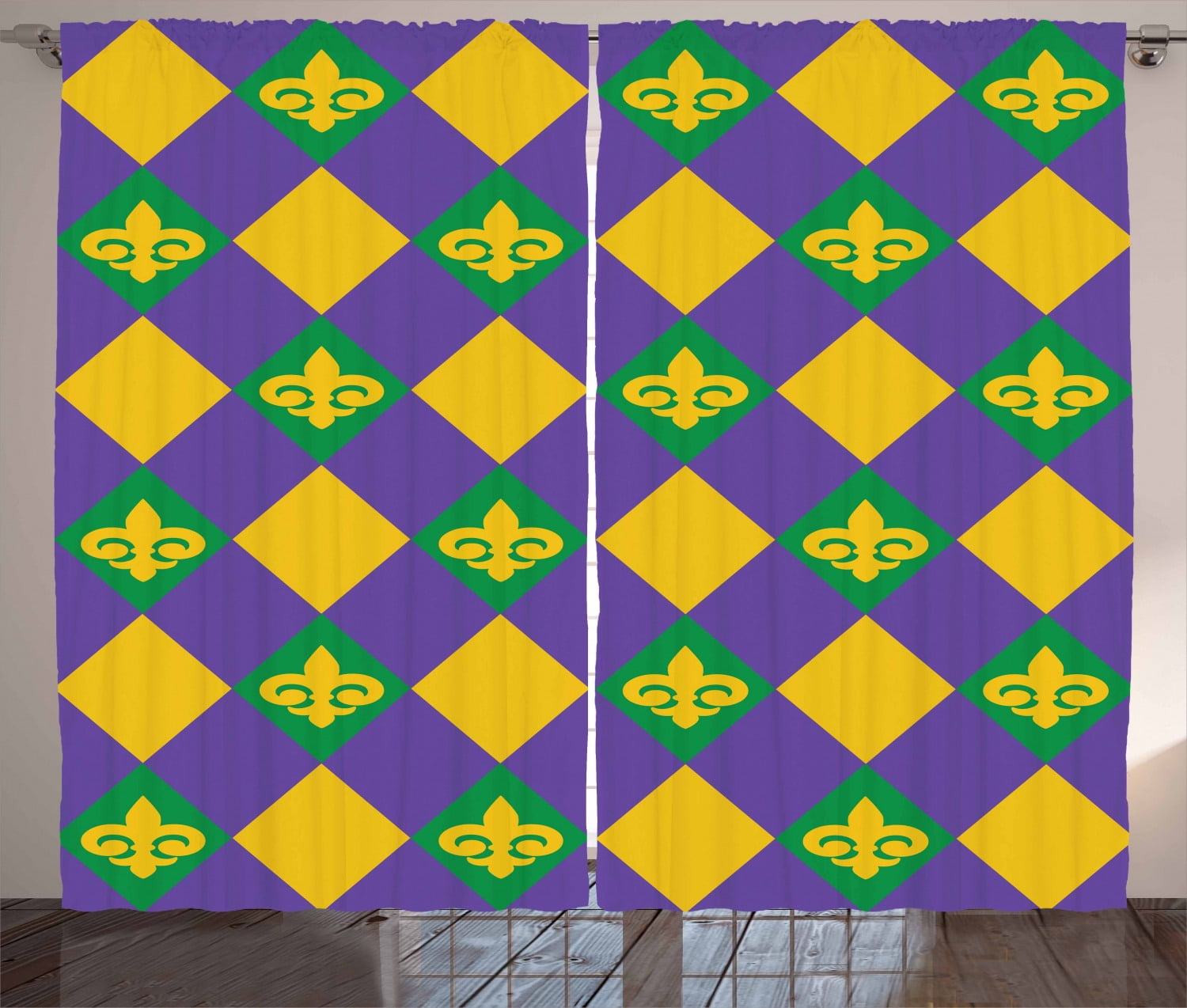 New Orleans Curtains 2 Panels Set Mardi Gras Themed Rhombuses With Fleur De Lis Motifs Classic Geometry Window Drapes For Living Room Bedroom 108w