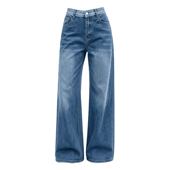 Women's High Rise Baggy Jeans Vintage Blue Denim Pants with Contrast Waistband
