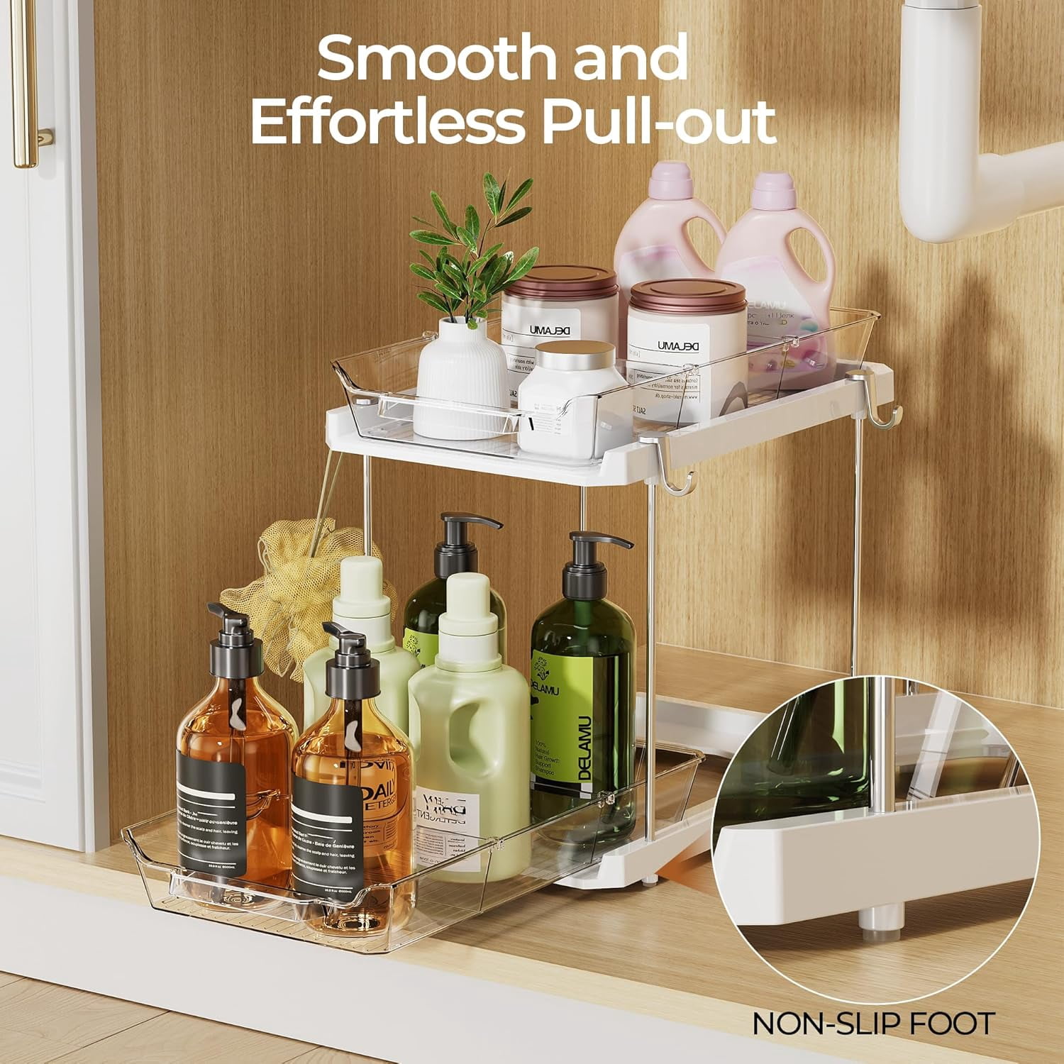 2 Tier Bathroom Under Sink Organizers and Storage with Hook, Multi-Purpose Cabinet Drawers with Movable Dividers, Pull Out Organization for Countertop, Kitchen and Pantry(White, 4 Pack)
