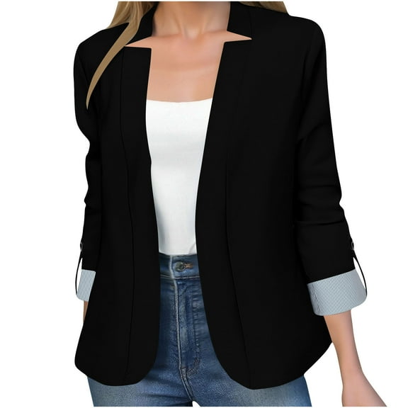 Guieoi Plus Size Jackets Clearance Women's Solid Color Fall Fashion Long Sleeve Cardigan Jacket Open Front Coat Outerwear Blazer Business Casual Black Black*Friday/Cyber*Monday Clearance