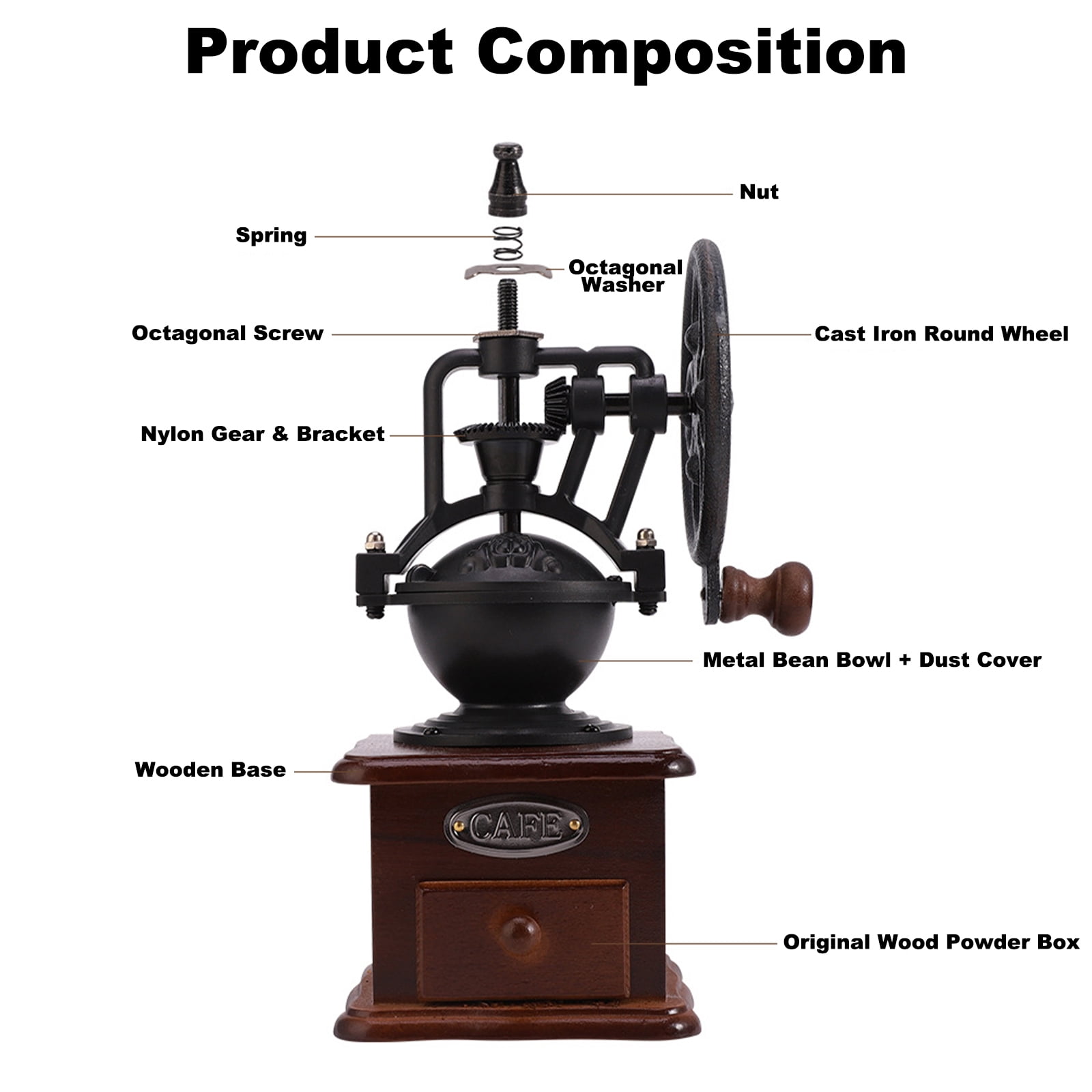 Vintage Wooden Manual Coffee Grinder, Hand Crank Burr Coffee Mill for Home, French Press, Espresso & Freshly Ground Beans, Retro Kitchen Decor