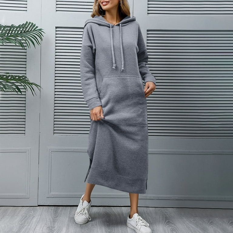 nerohusy Long Hoodies Dress for Women Plus Size Fleece Pullover