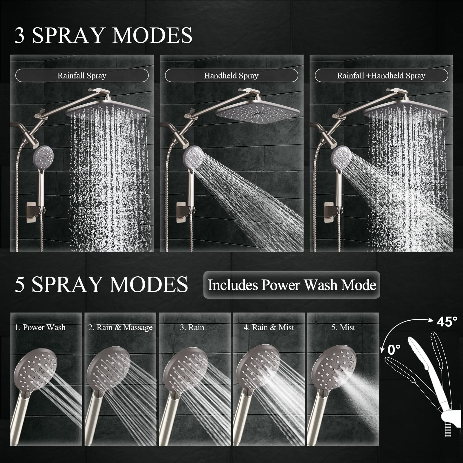 Veken Wide Brushed Nickel Rain Shower Head with Handheld, High Pressure Rainfall Showerhead Combo with Arm for Bathroom Accessories, Home Decor, Detachable Dual Shower with Multi Modes Handheld Spray