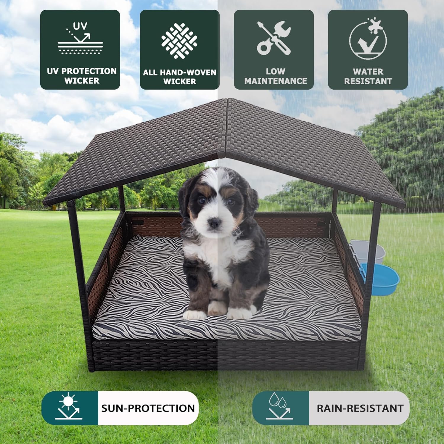 Outdoor Wicker Dog House with Canopy, Rattan Outside Dog Shelter with Removable Cushion Lounge, Washable Cover, Dog Bowl, Elevated Raised Rattan Dog Bed for Small to Medium Dogs & Cats