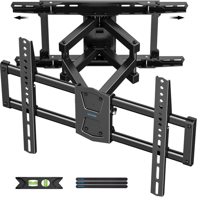 soporte de pared para tv usx star full motion de 42 a 86 pulgadas, 50 a 200 cm, 50 kg vista frontal que muestra el montaje full motion negro con brazo de doble articulación, placas VESA con ranuras para pernos, placa central con logo USX STAR, brazos extensibles y bisagras para giro +/-45° e inclinación +5°/-15°, nivel de burbuja y correas incluidas, adecuado para televisores 42–86 pulgadas (50–200 cm) hasta 50 kg y montaje 600 x 400 mm.