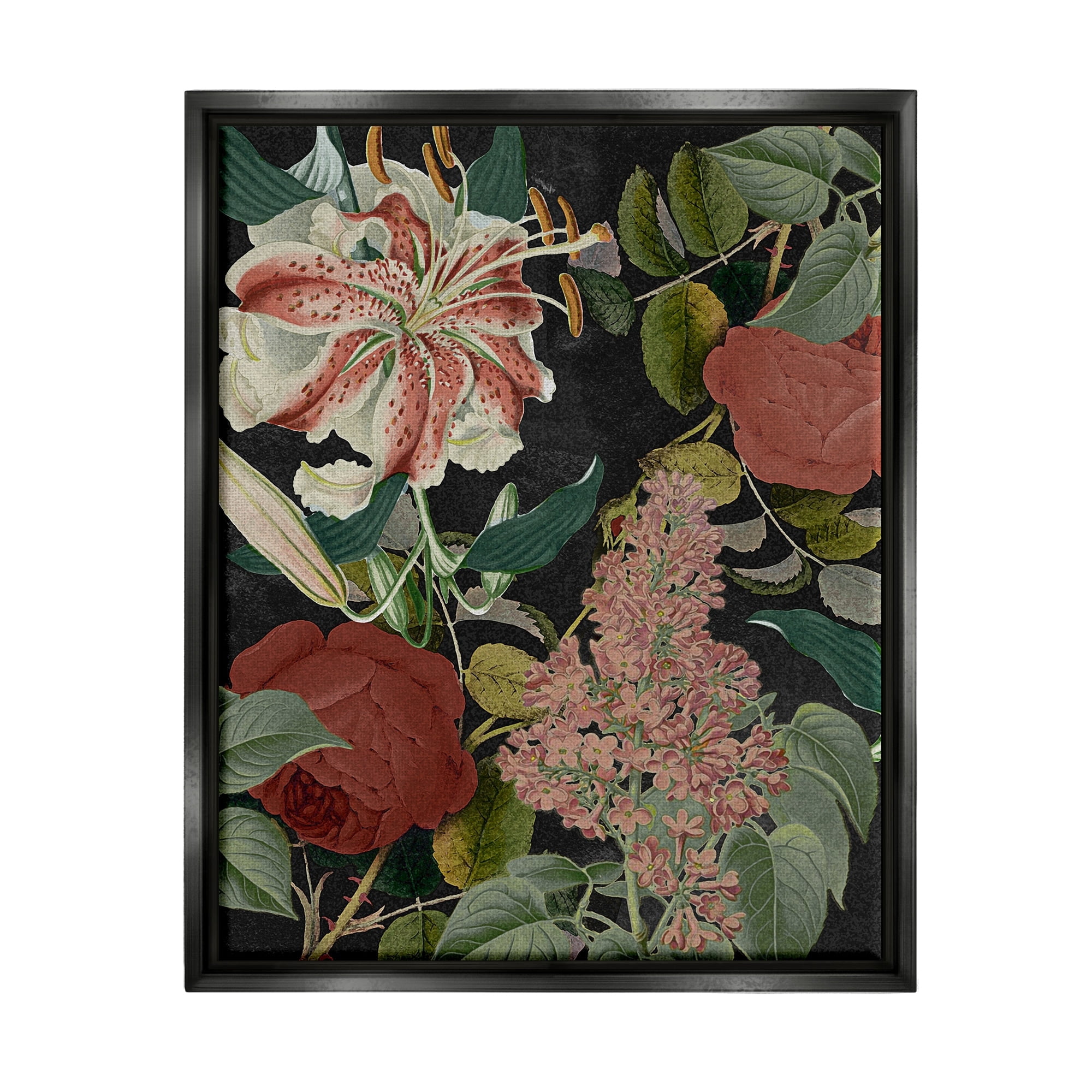 Stupell Industries Tropical Bohemian Floral Illustration Green Red Jet Black Framed Floating Canvas Wall Art, 24x30, by Daphne Polselli