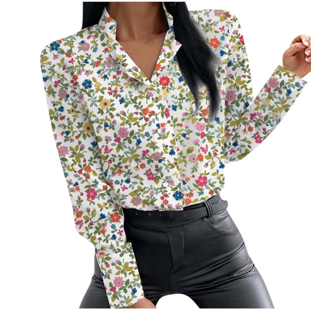 Moda mujer impresa manga larga camisa casual solapa blusa de un solo pecho Pompotops gfhjh8019