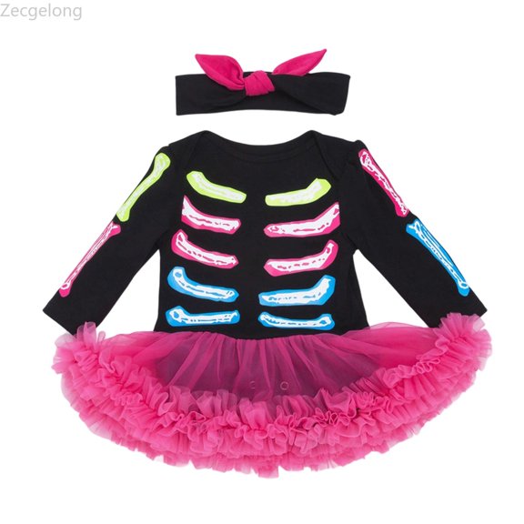 Zecgelong Girls Skeleton Print Long Sleeve Bodysuit Dress Fall Party Outfit Black Size 0-24M