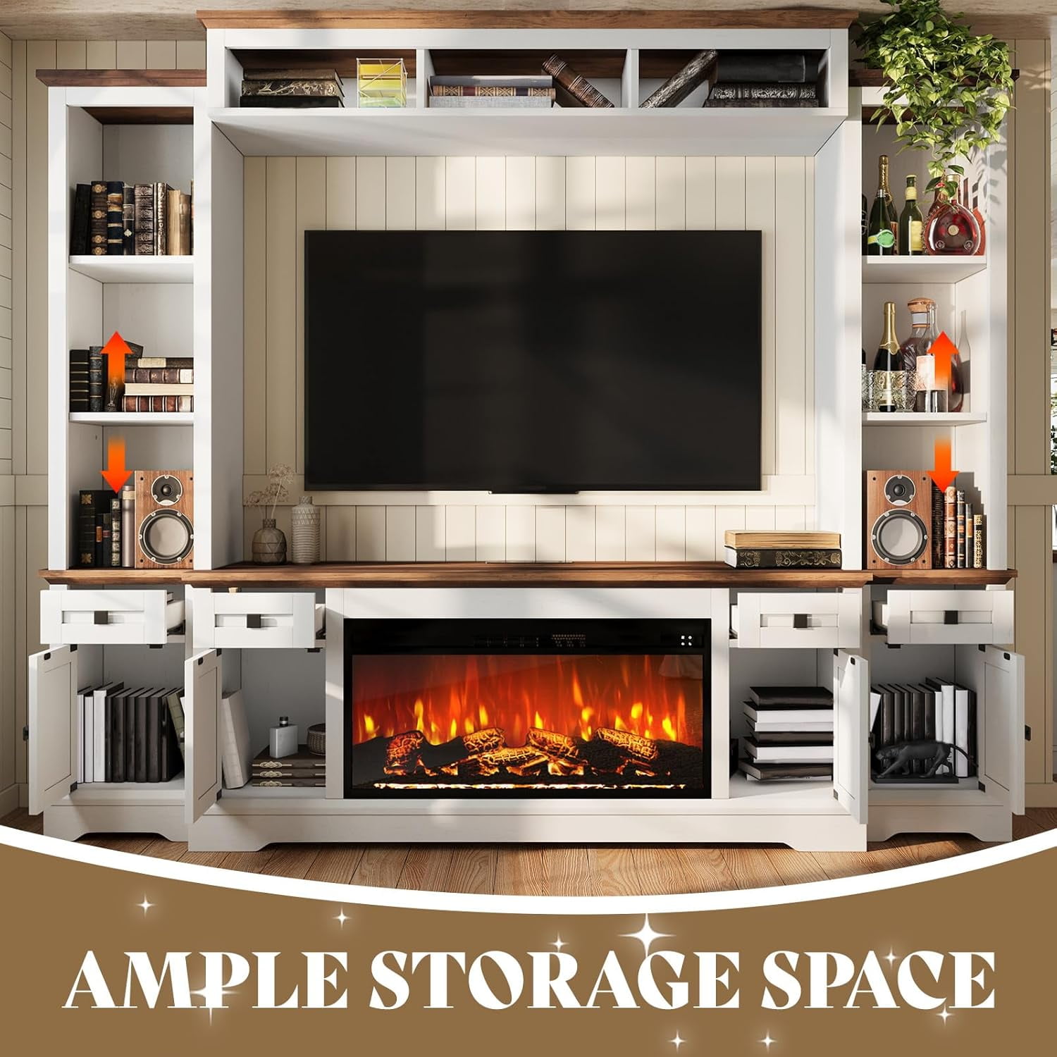Merluxy 98" Farmhouse TV Stand with Fireplace, Entertainment Center, Bookshelf, Wall Unit Media Console with Power Outlets & Barn Doors, Off-White