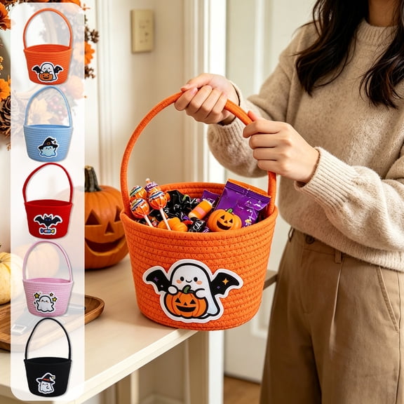 Under 5 Gifts for Kids!Halloween Candy Basket Reversible Fabric 7.9x5.5 in 5 Colors & Sturdy for Trick or Treat Party Snack Gift Decor Halloween Decor by MPOISVA