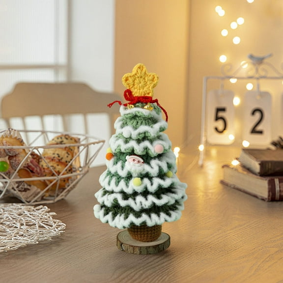 Opvise Handmade Crochet Christmas Tree Decoration Tabletop Knitted Small Artificial Flocking Christmas Tree for Home Office Holiday Decor