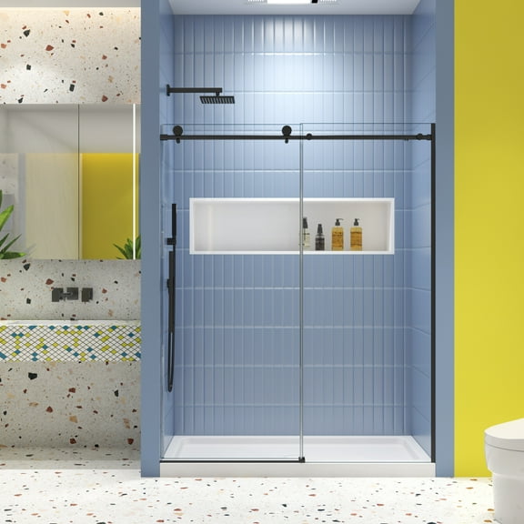 Sliding Glass Shower Door with Soft Close System, 5/16" Tempered Safety Glass in Matte Black Finish - 56"-60" Width x 74" Height Space-Saving Design for Modern Bathroom Renovations