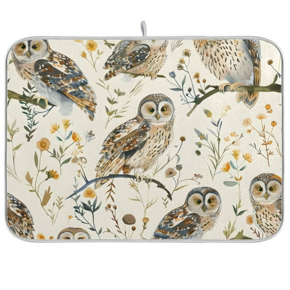 Owl on Tree Branch Dish Drying Mats Kitchen Mat Microfiber Counter Absorbent Dish Pad Drainer Rack 16"x18"