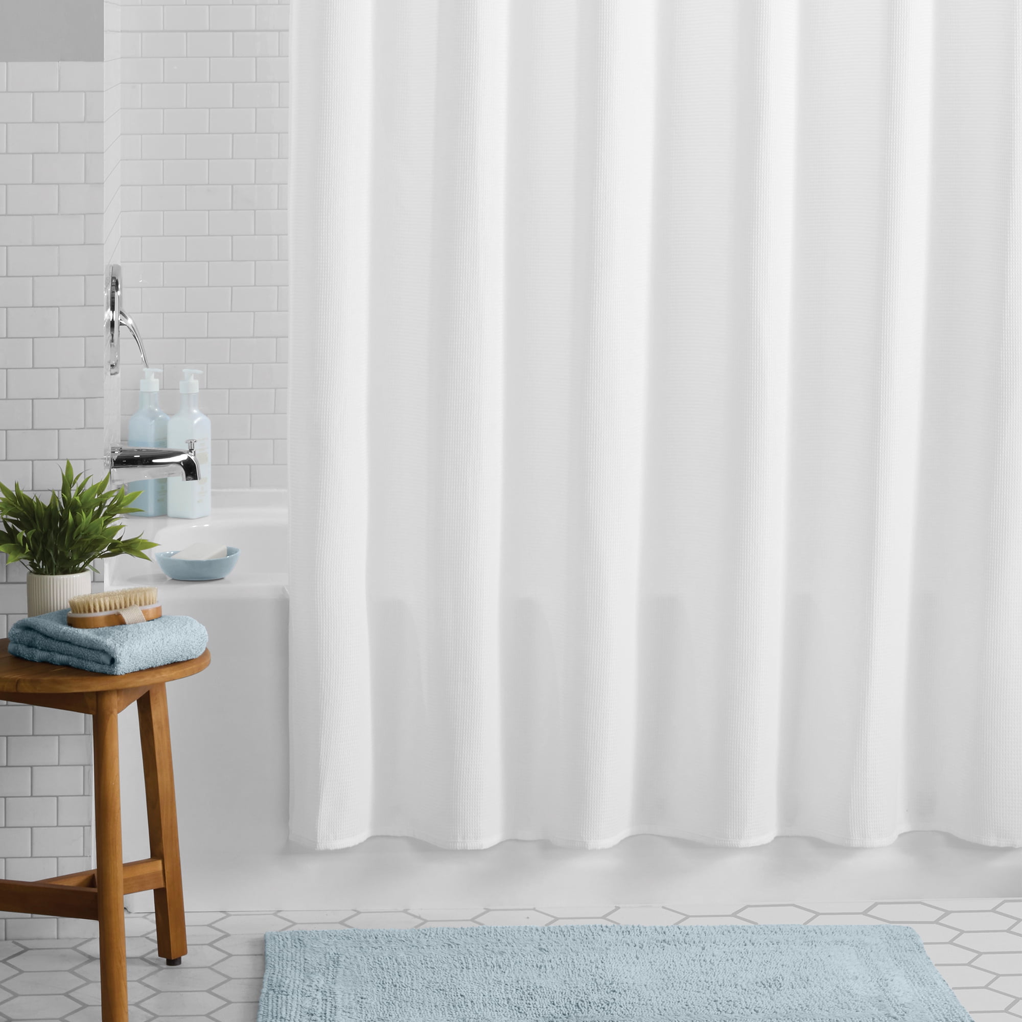Mainstays Waffle-Weave Fabric Shower Curtain, Textured Cotton Blend with Recycled Polyester, 72” x 72”, Arctic White