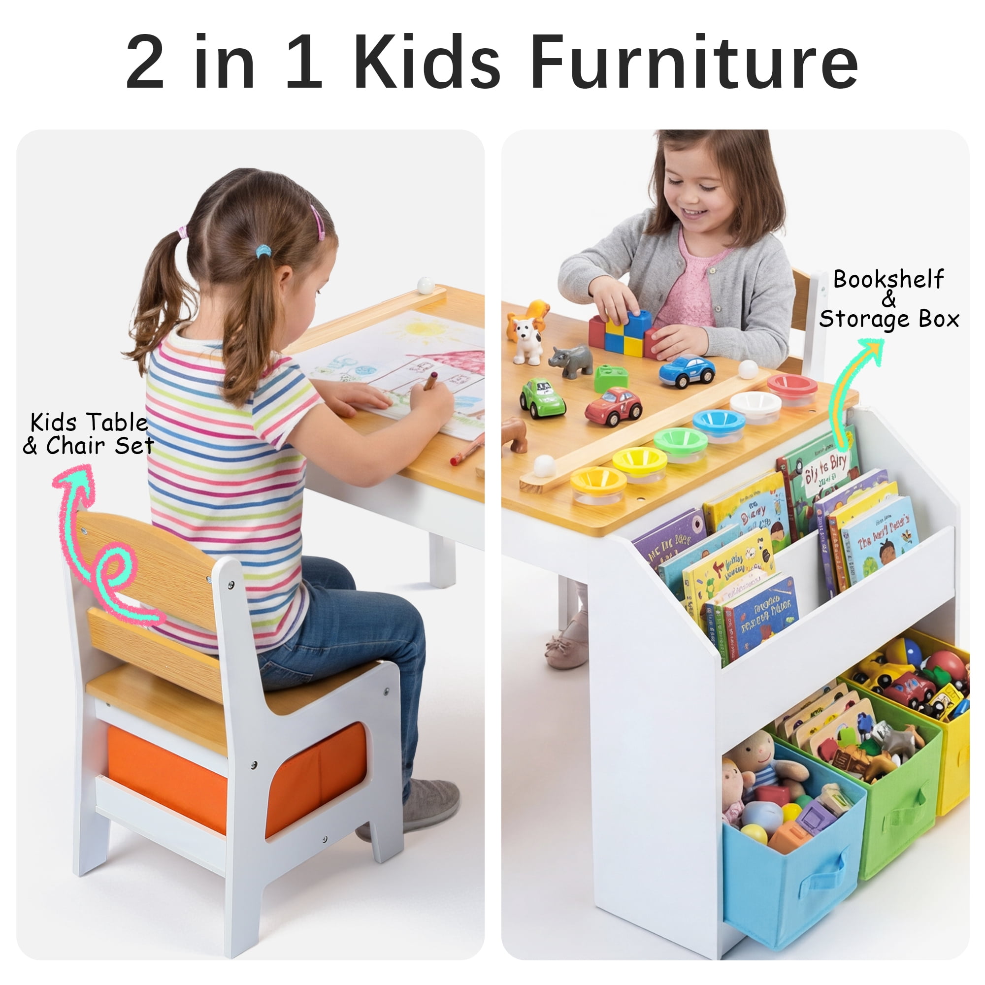 AILEEKISS Kids Table and Chair Set,Children Play Activity Desk for Drawing with 3 Drawers, Natural