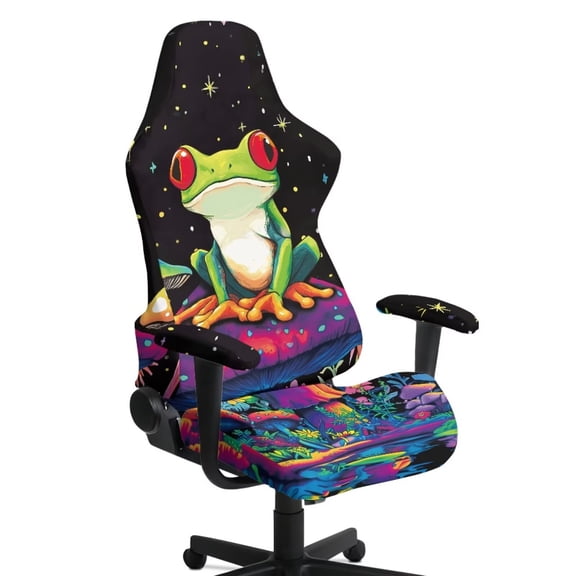 SCRAWLGOD Frog Mushroom Stars Print Gaming Chair Cover Pack of 4, Breathable Computer Chair Cover with Armrest Covers Washable Slipcover for Rotating Chair with Elastic Band