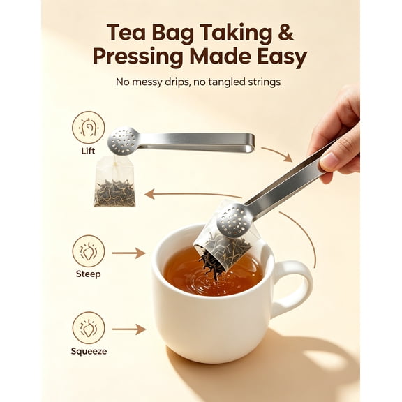 Stainless Steel Tea Bag Tongs, Thickened Tea Bag Press & Squeezer, Multi-Purpose Lemon Clip for Tea & Citrus, Durable Metal Tongs, Ideal for Home & Office, 1.77*6.06in