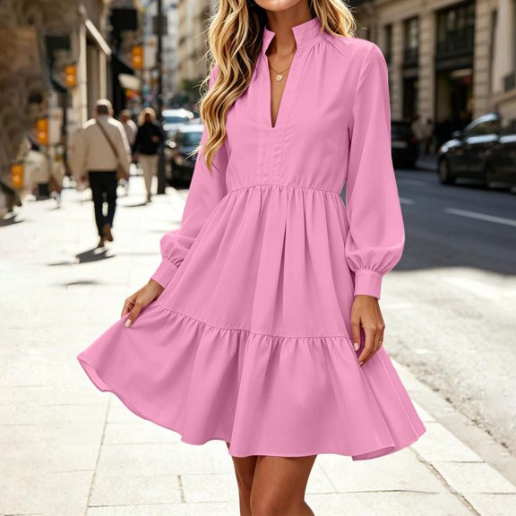 Bxsruta Womens Dress Long Sleeve V Neck Flowy Casual Tiered Mini Dresses