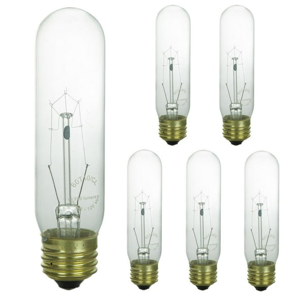 Diodesy- Pack of 6 40T10/CL Incandescent Tubular Light Bulbs, Clear Tube T10 Bulb, 40 Watts, 2600K Warm White, 260 Lumens, E26 Medium Base for Lamps/Office, 120 Volt, 2000Hour, Title 20 Compliant