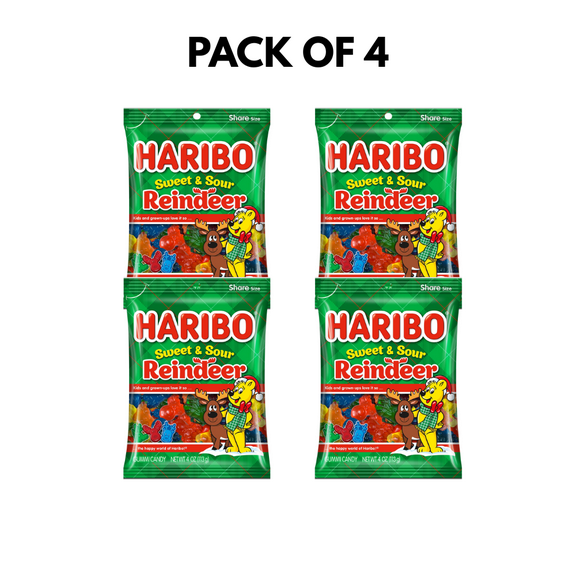 HARIBO Sweet and Sour Reindeer Gummies Holiday Edition Assorted Fruit Flavor Gummy Candy, 4oz, Share Size Peg Bag,4 PACK.