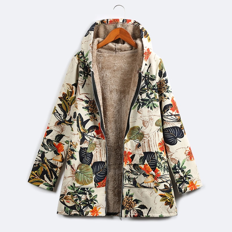 Women Floral Hooded Jacket Coat Ethnic Parka Outwear Fleece Lined Warm Vintage