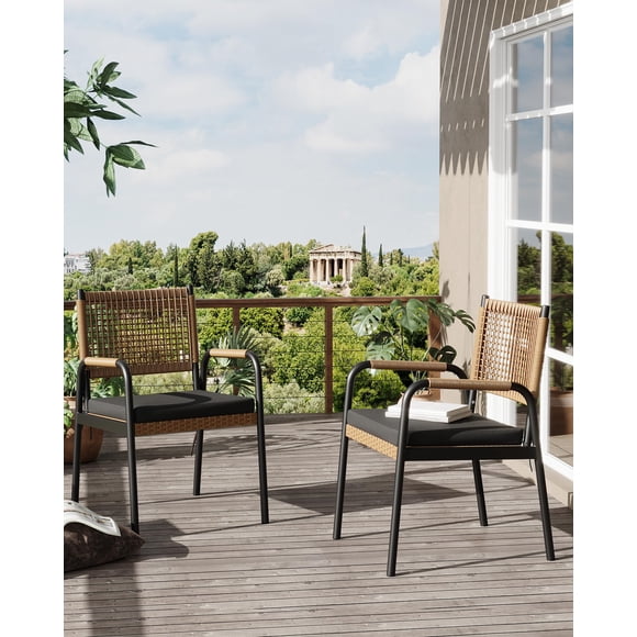 QinaQin Juego de 2 sillas de ratán para patio con estructura metálica, diseño cuadrado elegante para balcón, alberca, deck, jardín o comedor exterior