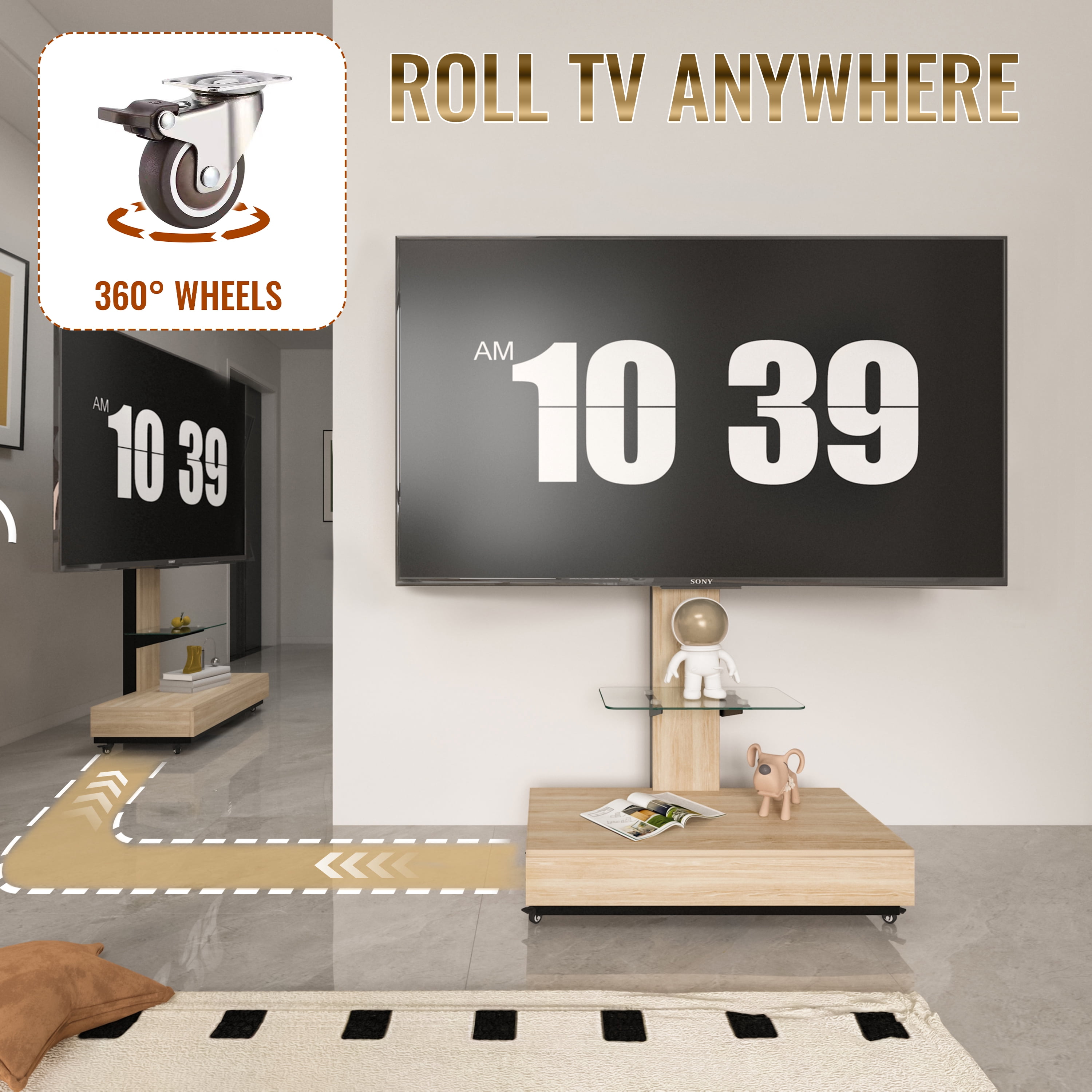 Homy Casa Mobile TV Stand for 32-75 Inch TVs with Wheels, Swivel Adjustable Height Storage Shelf and Drawer