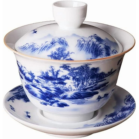 Jingdezhen Chinese Gaiwan Handmade 6.3oz/180ml Mountain Style China Blue and White Porcelain Gaiwan Kungfu Teacup Traditional Chinese Teaware Tea Set