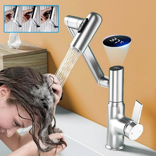 Discount Qaailabf Digital Display Hot And Cold Faucet, Washbasin, Bathroom Rotating Gun, Gray Mouthwash Faucet