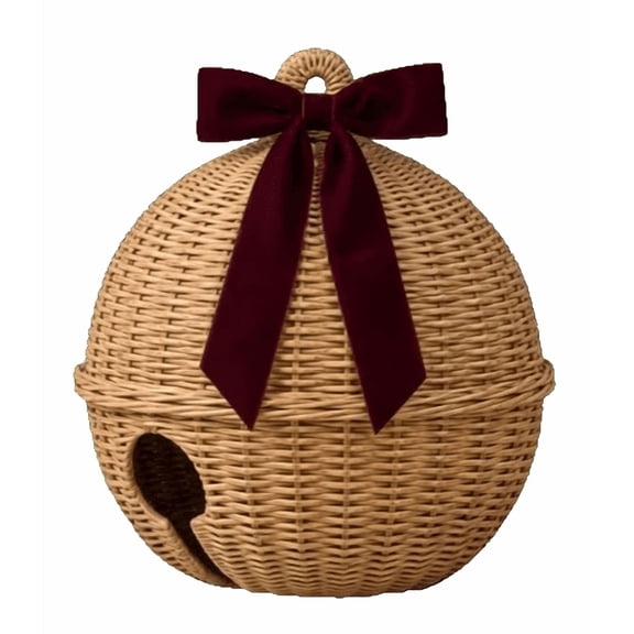 Woven Christmas Bell with Bow Ornament, Wicker Jingle Bell Shaped Natural Rattan Tabletop Decor for Outdoor Indoor Decoration