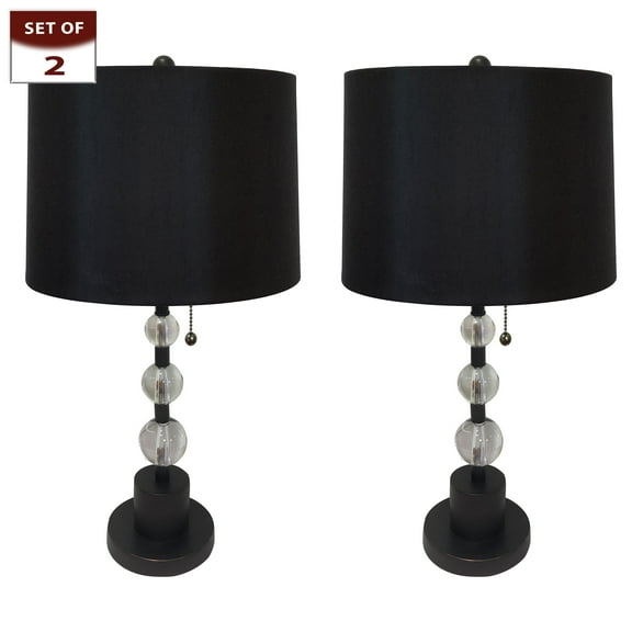 Royal Designs Oil Rub Bronze Lamp with Crystal Ball Accents and Black Shallow Drum Hardback Lamp Shade, Se of 2