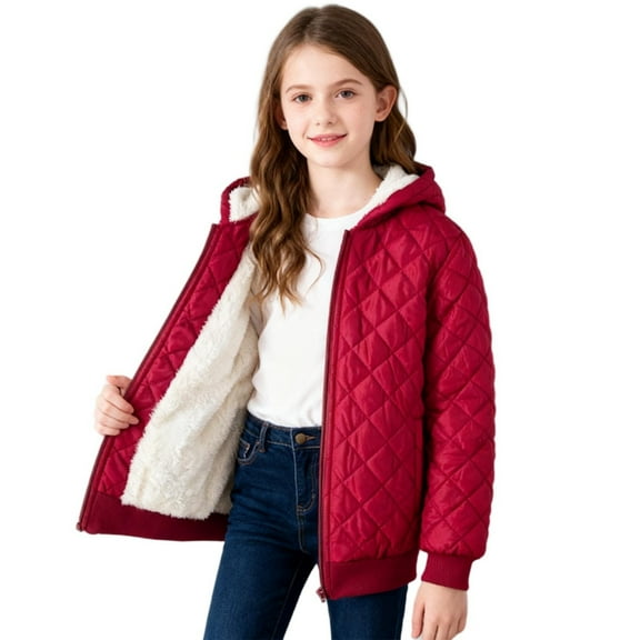 Cethrio Girls Winter Coats Size 10-12, Warm Long Sleeve Plush Lining Zip up Winter Outerwear Red