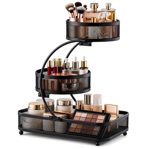 3-Tier Metal Bathroom Countertop Storage Organizer Rack with Spray Bottle & Hooks, Rust Resistant Diamond Mesh Space Saving Holder for Skincare, Cosmetics & Toiletries, Sturdy Stand for Vanity, Bathr