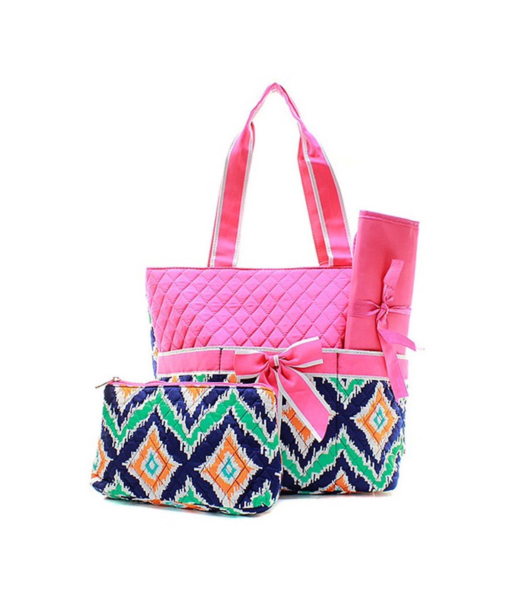 Quilted Diaper Bag 3-Piece Set, IKAT Multi/Hot Pink By Quilted ...