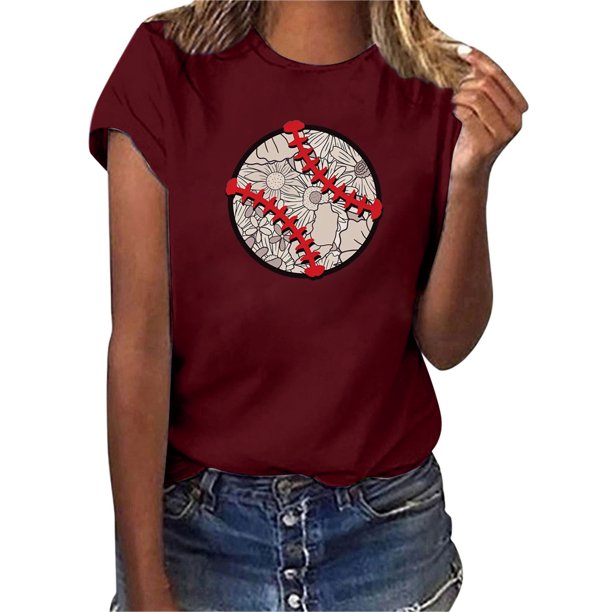 Gibobby Playera de Manga Corta con Cuello Redondo Mujeres Casual Béisbol Impresión Mangas Cuello Redondo Camiseta Suelta Blusa Tops(Vino,XL)