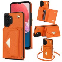 Allytech for Samsung Galaxy A14 5G Wallet Case Cover, PU Leather Large Space Cards Slots Detachable Shoulder Strap Back Cover for Girls Women Shockproof Phone Case for Galaxy A14 5G - Orange