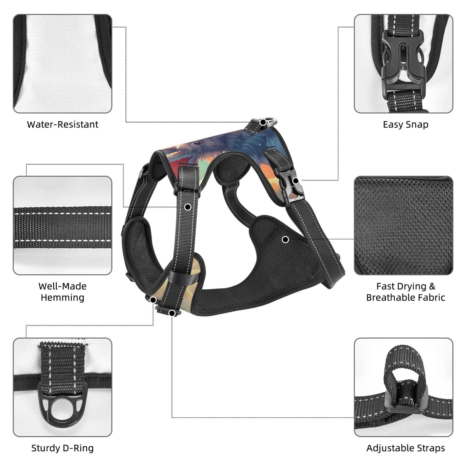 Kdxio Sunshine Winged Rabbit Print No Pull Dog Harness Adjustable Reflective Oxford Easy Control Medium Large Dog Harness for Training and Everyday-Medium