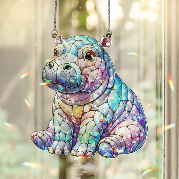 Lotusprinthandmade Peeking Hippo Pattern Custom Shape Broken Glass Hologram Ornament 3.5in, peeking hippo holographic decoration