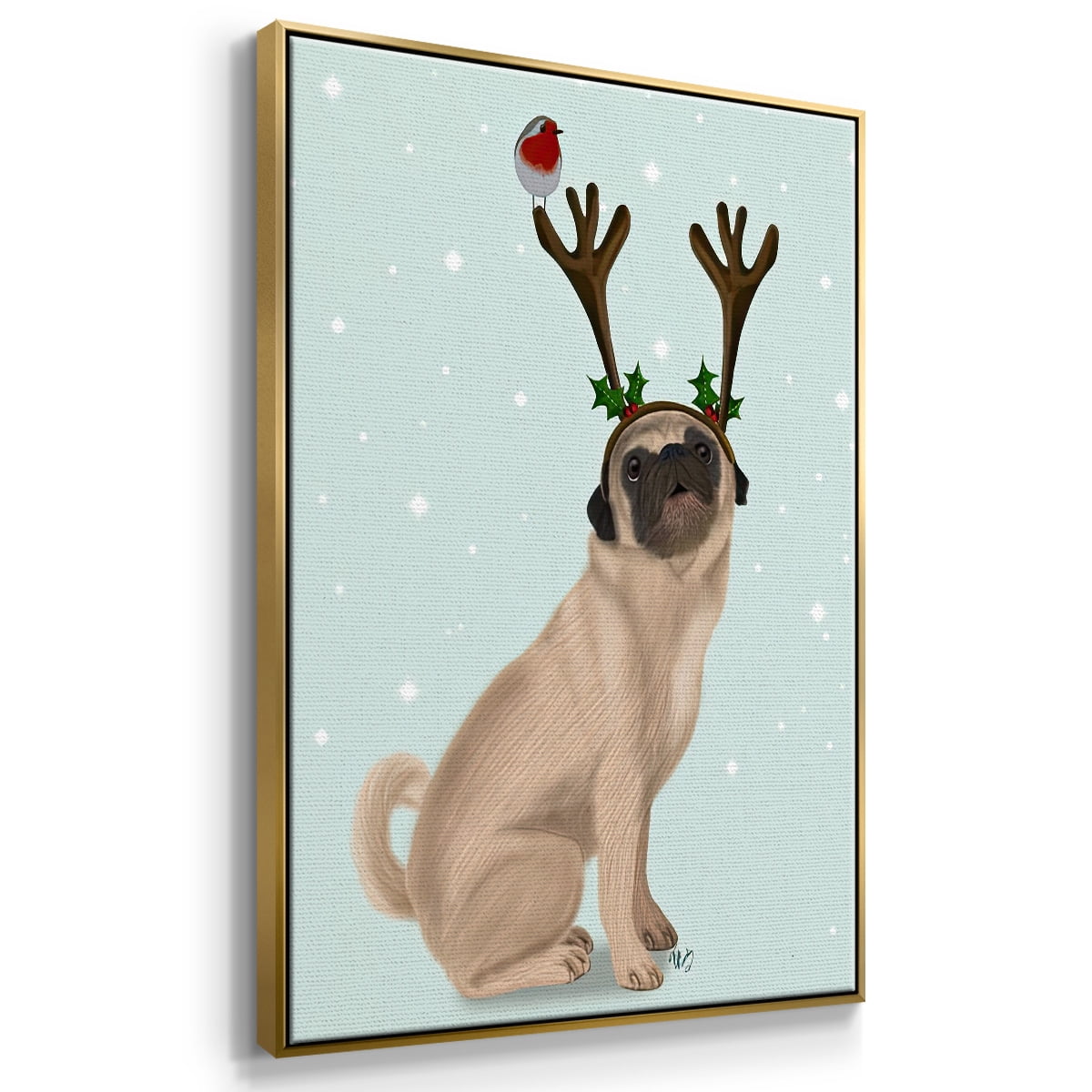 Christmas Pug with Antlers and Robin - Framed Gallery Wrapped Holiday Canvas - 17 x 25 - Gold Frame